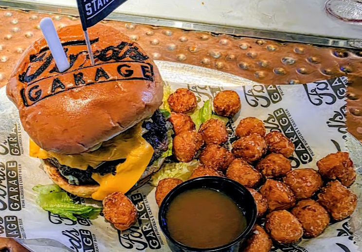 Ford's Garage signature dishes Ford's Signature BurgerPiston Onion Ring TowerBrisket Burger